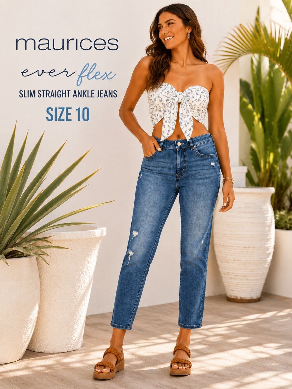 Maurices Everflex Slim Straight Ankle Jeans Distressed Stretch Size 10